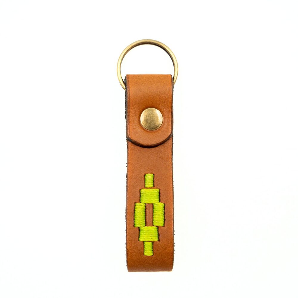 9630 Handmade Embroidered Leather Keychain Tan Lime Green